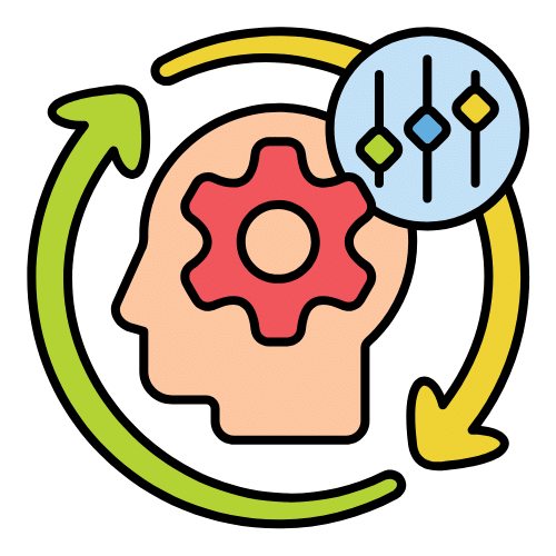Cartoon icon of head with cog inside